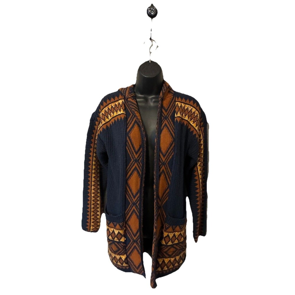 Lucky Brand Hooded Cardigan Navy Orange Geometric Southwest Womens Size Small